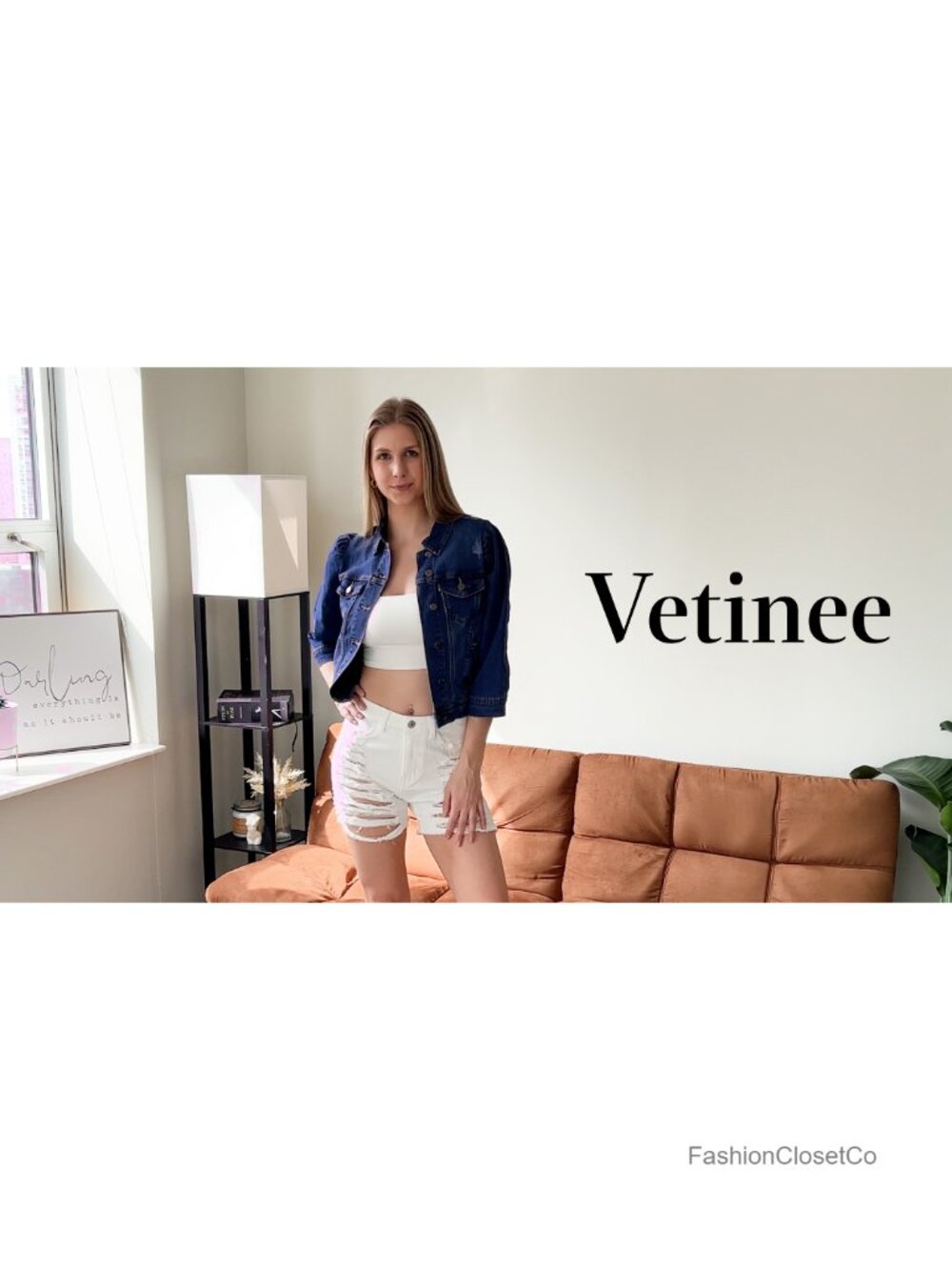 Cropped Denim Jacket Stretchy 3/4 Puff Sleeve Distressed Shacket with Pockets - Picture 6 of 6